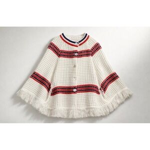 Vintage Knit Indie Coastal Button Front Poncho Fringe Retro Boho Cottagecore